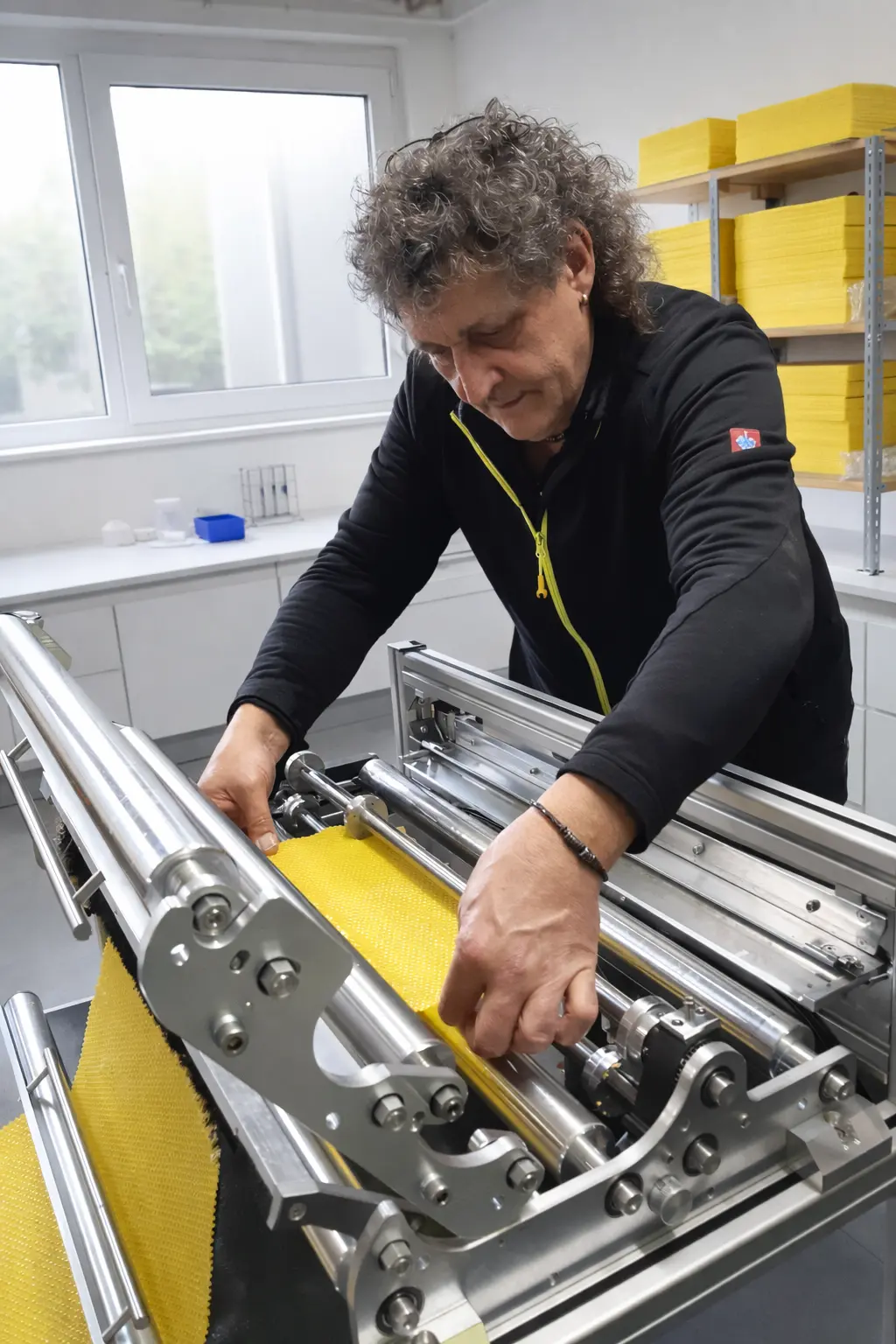 Herrn Egler aus dem Kraichgau/ Knittlingen an der Maschine für Imker für Wachsmittelwände Herrn Egler aus dem Kraichgau/ Knittlingen an der Maschine für Imker für Wachsmittelwände